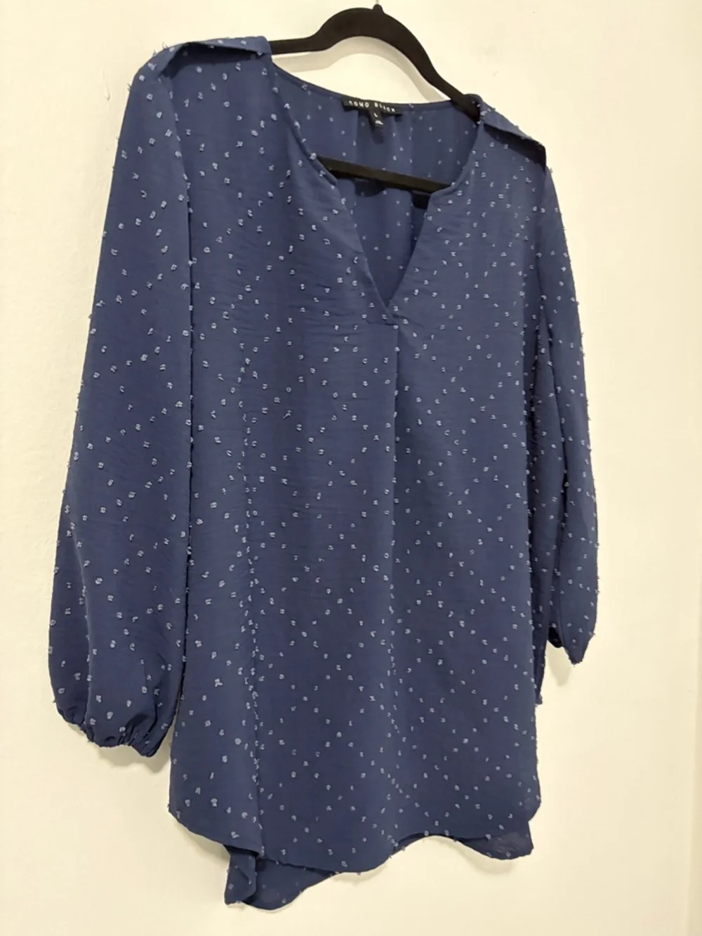Como Black Swiss Dot Navy Blue Long Sleeve Blouse - size Large